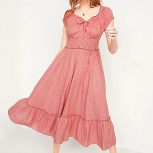 Petite Large Old Navy Smocked Pink Dress Puff Sleeves Defined Waist Dobby Fall